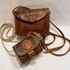 Handmade Brown Tooled Leather Purse Handbag Set Costa Rica Pura Vida